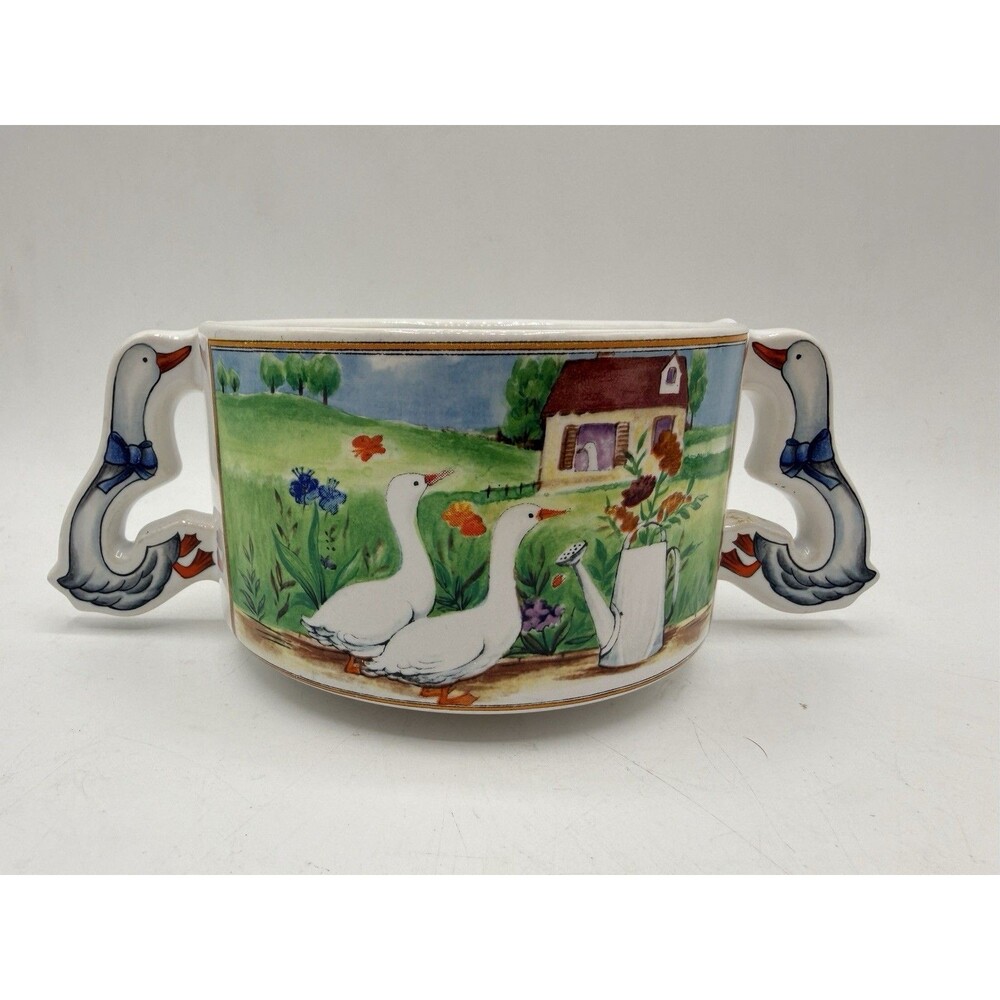 Vintage Japan Country Goose Blue Bow Cottage Ceramic Double Handle Soup Mug